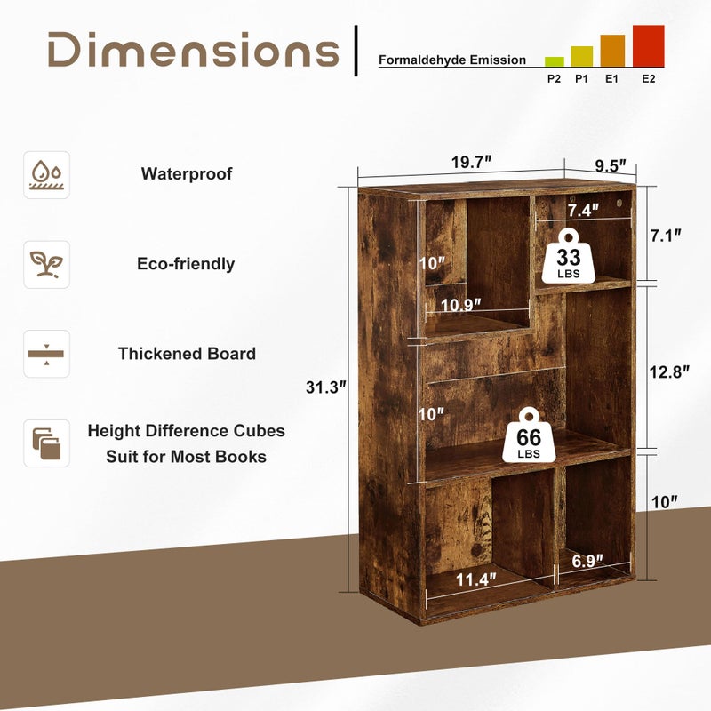 VECELO 5 Cube Modern Bookcases, 3 Tier Bookshelves, 31 Inch High Cubby Storage Organizer, Shelf Hight Up to 12.8 Inches Suit for Most Books, Vertical or Horizontal Use Available,Rustic Brown - Image 4