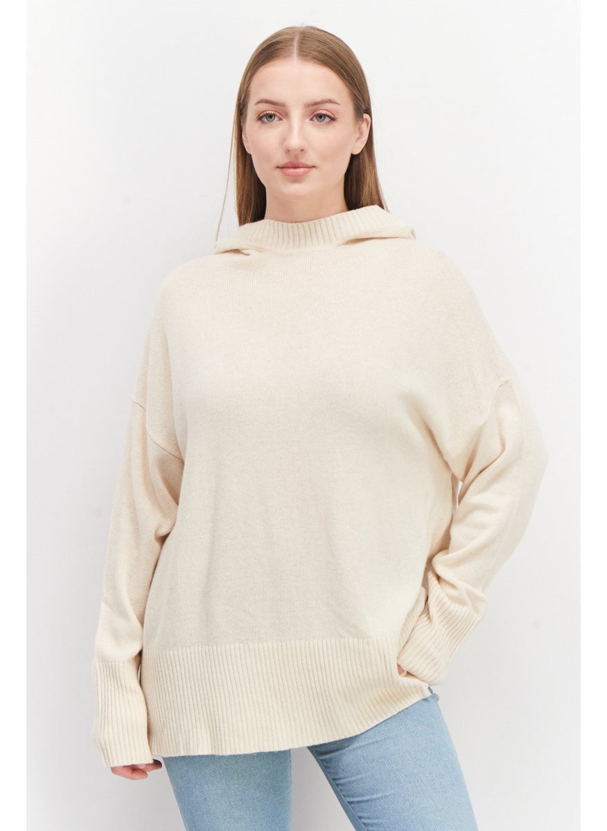 ESPRIT Women Hooded Long Sleeve Textured Sweater, Beige  - Image 1