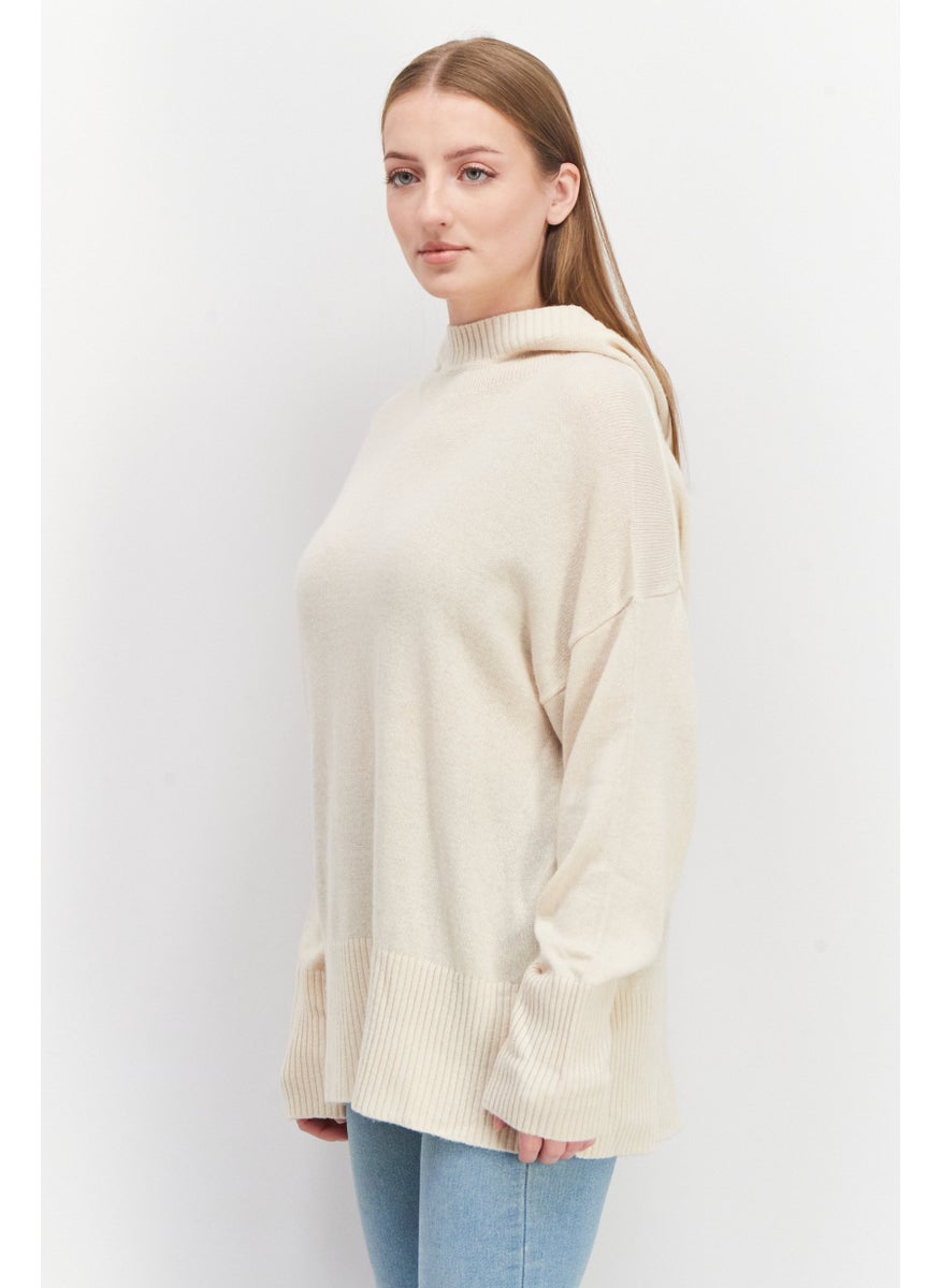 ESPRIT Women Hooded Long Sleeve Textured Sweater, Beige  - Image 3