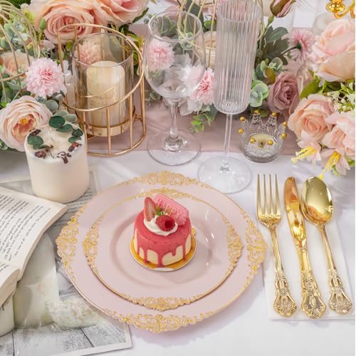 Joyido 200PCS Pink and Gold Plates - Pink Plastic Plates - Fancy Disposable Plate with Gold Rim - Vintage Wedding Dinner & Dessert Plate for 100 Guests for Wedding & Bridal Shower - Image 2