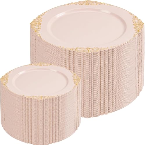Joyido 200PCS Pink and Gold Plates - Pink Plastic Plates - Fancy Disposable Plate with Gold Rim - Vintage Wedding Dinner & Dessert Plate for 100 Guests for Wedding & Bridal Shower - Image 1