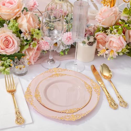 Joyido 200PCS Pink and Gold Plates - Pink Plastic Plates - Fancy Disposable Plate with Gold Rim - Vintage Wedding Dinner & Dessert Plate for 100 Guests for Wedding & Bridal Shower - Image 3