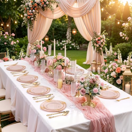 Joyido 200PCS Pink and Gold Plates - Pink Plastic Plates - Fancy Disposable Plate with Gold Rim - Vintage Wedding Dinner & Dessert Plate for 100 Guests for Wedding & Bridal Shower - Image 5