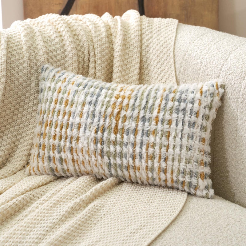Aeckself Boho Chenille Tufted Pillow Cover 12 x 20 Inch Rectangle Decorative Lumbar Throw Pillow Cover Neutral Pillowcase for Couch Bedroom Living Room Yellow White