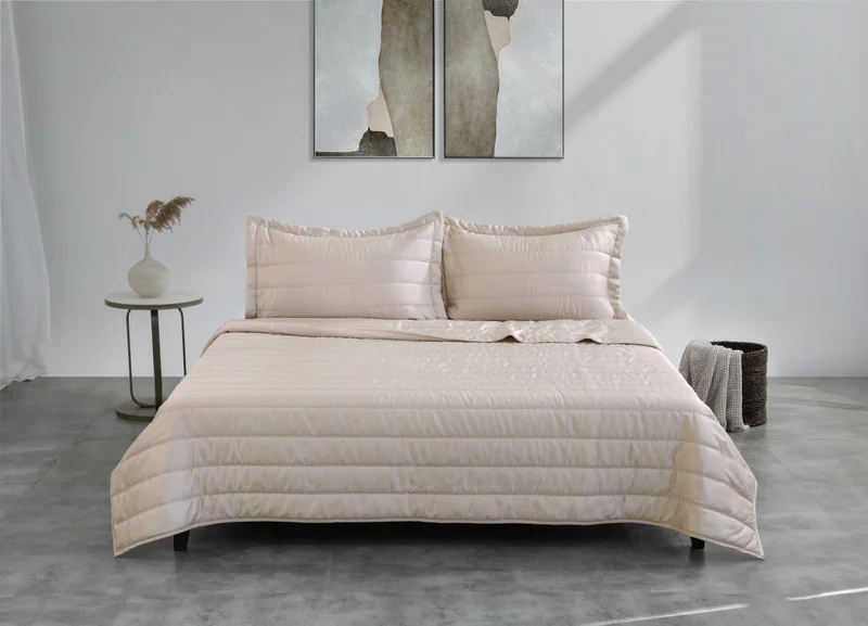 يسكن Dwell-100% Tencel Embroidered Bed Spread Set-Bedspread 260 x 240 CM Pillow case 50 x 80 CM-Beige
