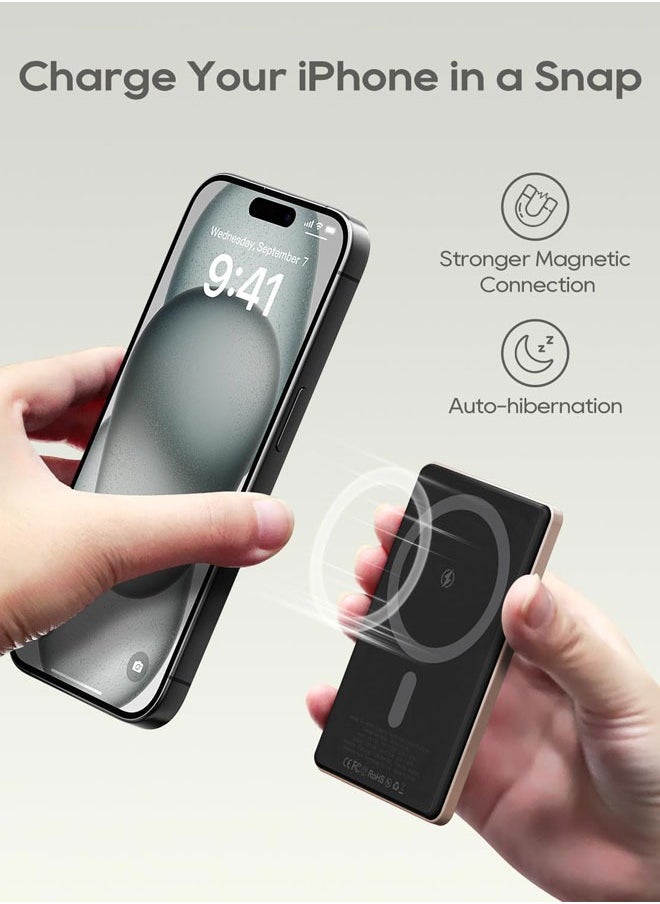Mangotek Apple Premium 5000mAh Magnetic Wireless Power Bank PD 20W Portable Charger Metal Finished Type-C Input/Output Wireless Charging Compatible with iPhone. Samsung. HuaWei. XiaoMi. Honor. Gold  - Image 2