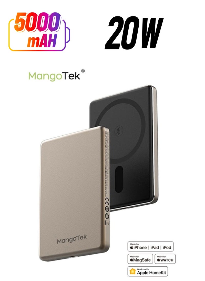 Mangotek Apple Premium 5000mAh Magnetic Wireless Power Bank PD 20W Portable Charger Metal Finished Type-C Input/Output Wireless Charging Compatible with iPhone. Samsung. HuaWei. XiaoMi. Honor. Gold  - Image 1