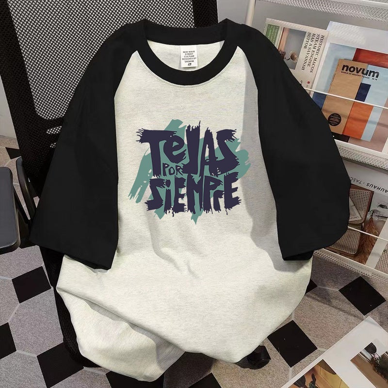 Summer Black And White Raglan With Short Sleeve T-Shirt Women'S Cotton Simple Loose Slimming All-Match Round Neck Top Color Matching Fashion - Image 1