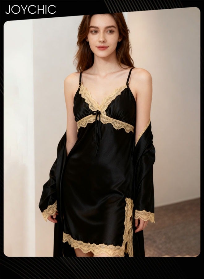 Joychic 2-piece New Style Ice Silk Mid-length Nightgown for Women Spring and Summer Autumn Lace V-neck Pajamas  Bedroom Home Wear Black - Image 1