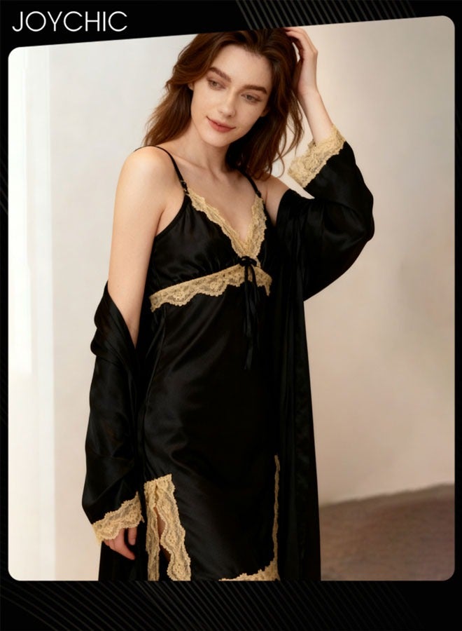 Joychic 2-piece New Style Ice Silk Mid-length Nightgown for Women Spring and Summer Autumn Lace V-neck Pajamas  Bedroom Home Wear Black - Image 2