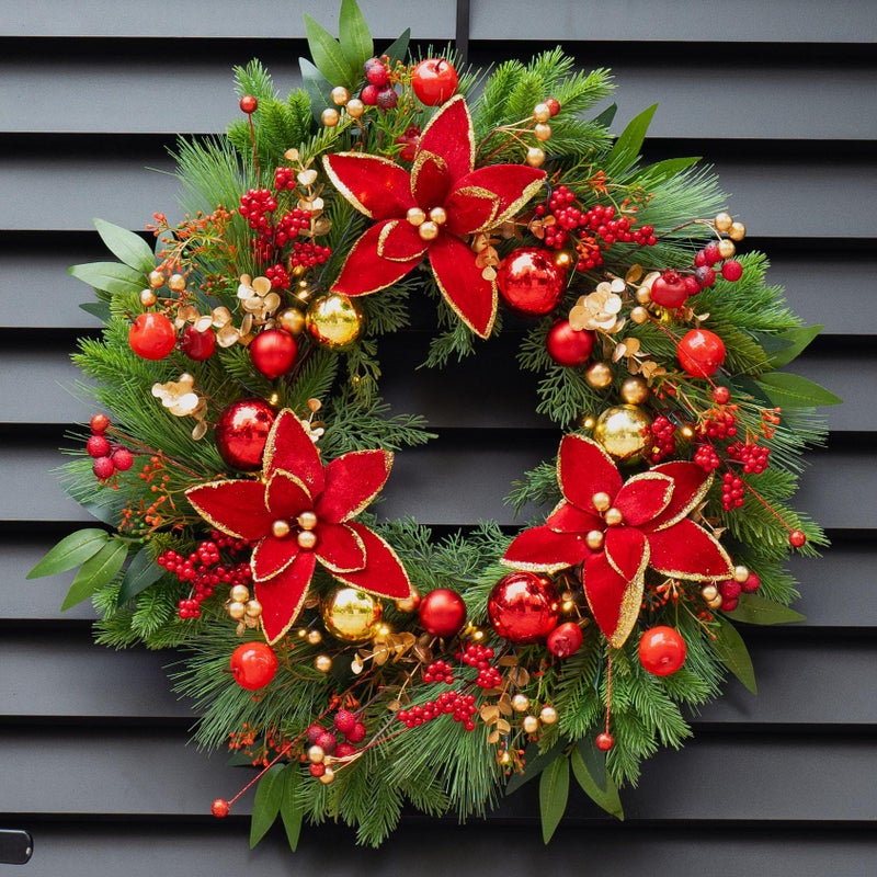 Christmas Wreaths for Front Door 24 Inch Outdoor Prelit Christmas Door Wreath with Lights Lighted Xmas Wreath with Poinsettia FlowersRed BerriesGolden Ball Home Christmas Decorations