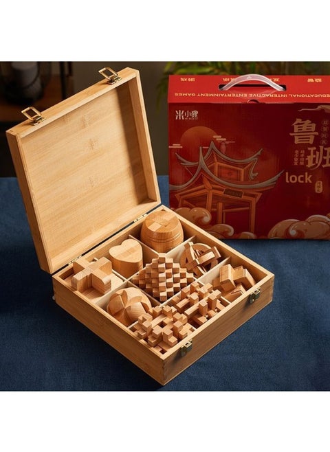 Luban Lock Kongming Lock Beech Wood Unlock Unleash Unleash Children's Educational Assembled Building Blocks Toys For Boys And Elementary School Students Cheap-Color:[high-end Wooden Box] 9-piece Set D (recommended For High School Students)