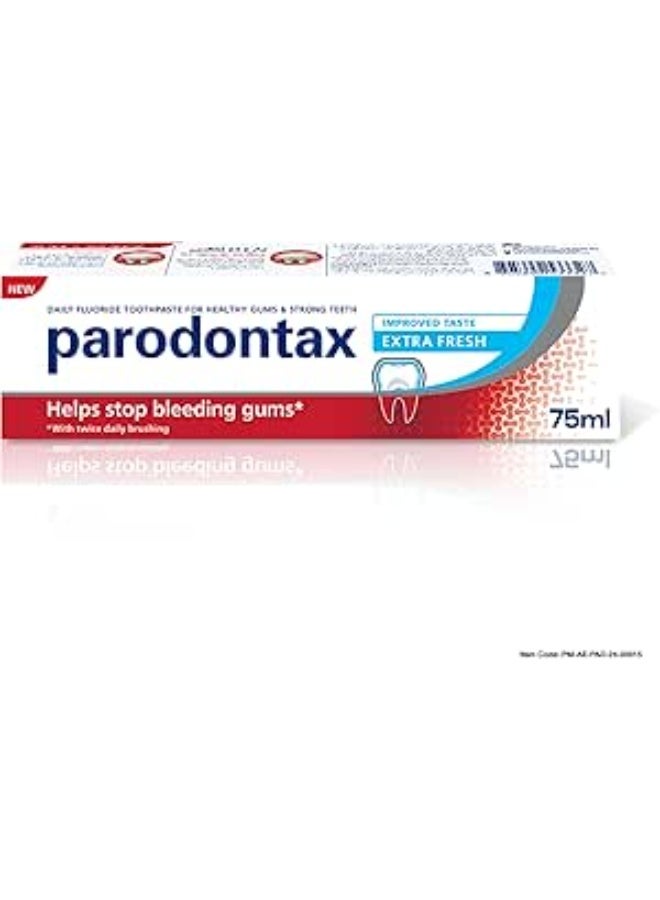 Parodontax, Toothpaste, Daily Fluoride Toothpaste for Healthy Gums and Strong Teeth, Twice Daily Brushing Recommended, Extra Frehs, Helps Stop Bleeding Gums, 75 ml - Image 1
