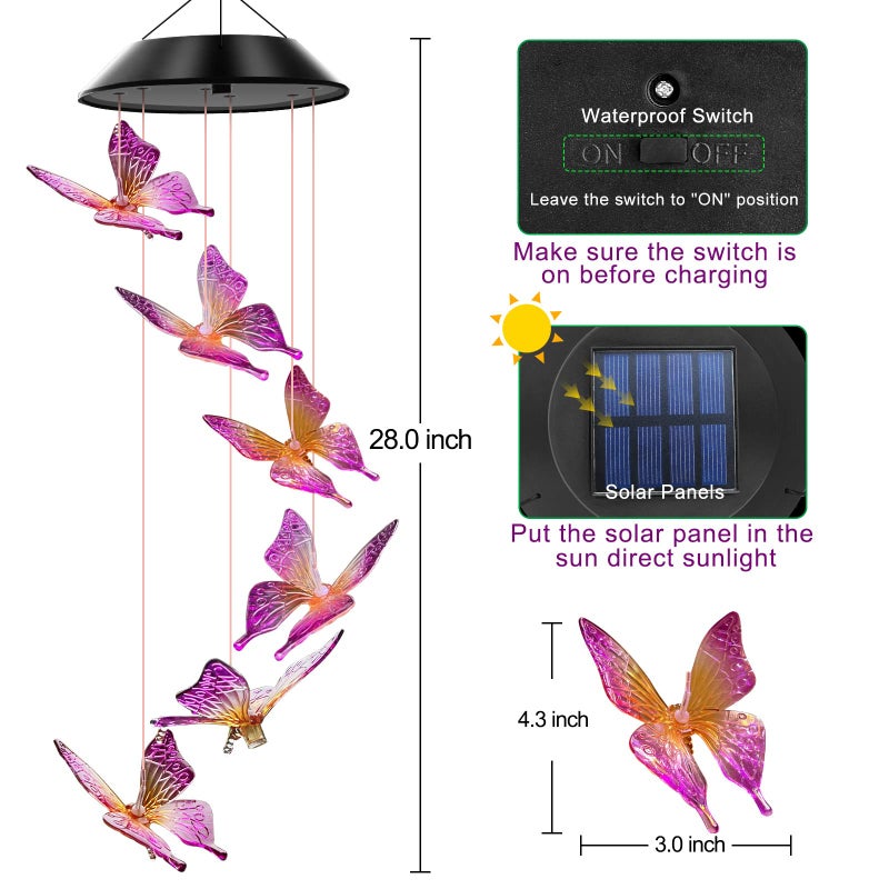 WENANA Solar Wind Chimes Outdoor Color Changing Lights, Gift for Women Mom Grandma Sister Best Gifts, Wind Chimes Unique Outdoor Garden Yard Decor (Purple Butterfly) - Image 2