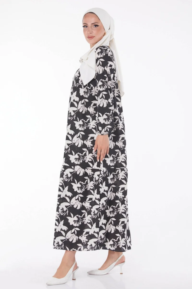 Tofisa Plain Crew Neck Women's Black Digital Printed Dress - 13219