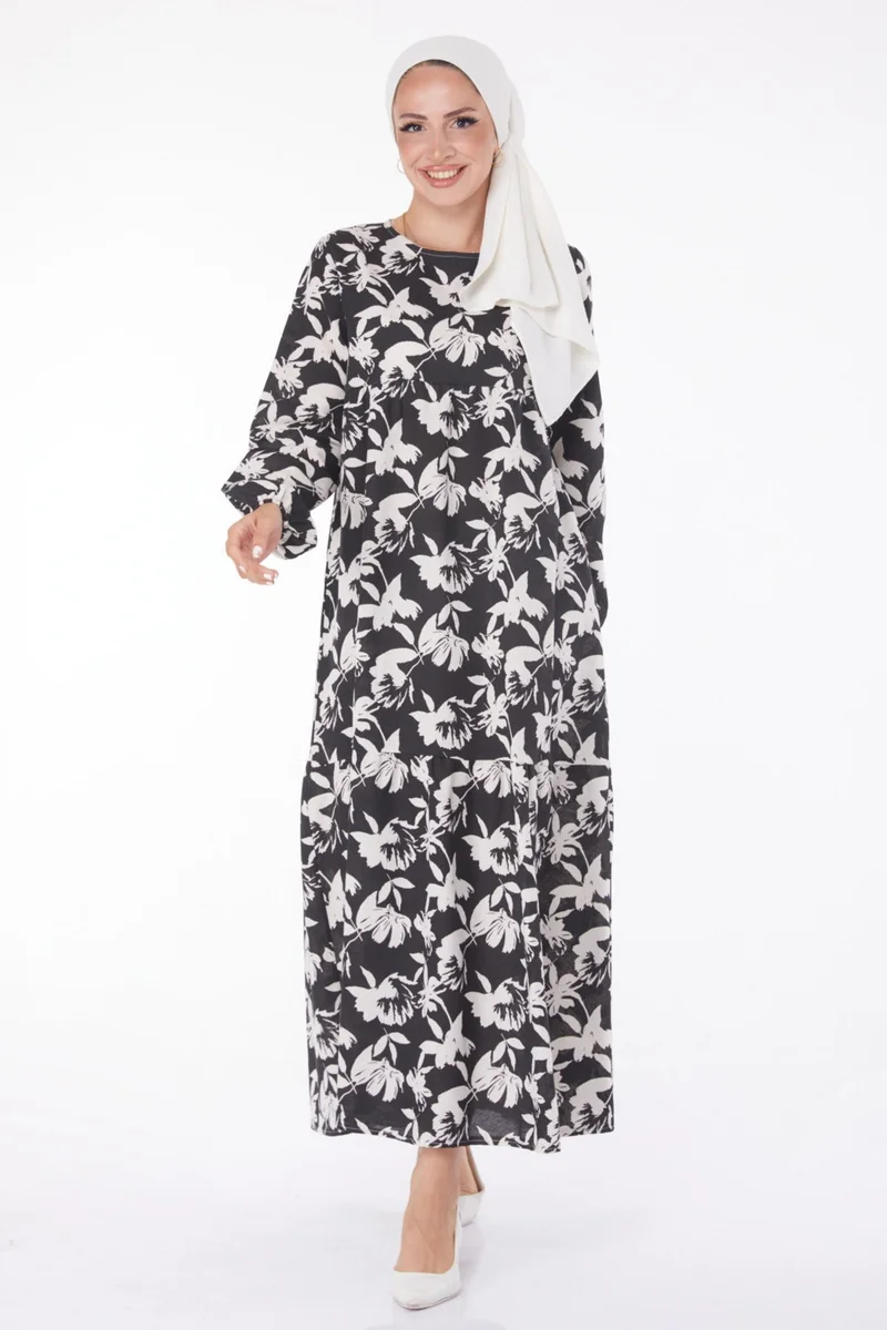 Tofisa Plain Crew Neck Women's Black Digital Printed Dress - 13219