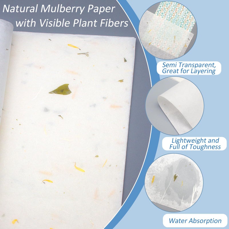 Benvo 50 Sheets A4 Natural Mulberry Paper Visible Leaves Fiber Rice Paper Printable Decoupage Tissue Paper Sheets for Writing, Painting, Card Making, DIY Crafts(8.3x11.7in, Semi Transparent Off White) - Image 3