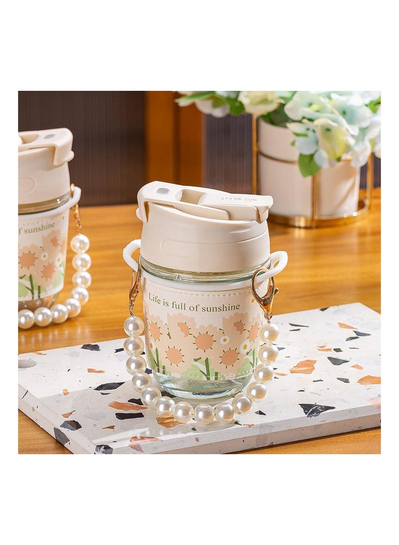 SYOSI SYOSI High Value Pearl Cup, with Tote Chain Double Drink Straw and Sleeve, for Summer Girls Coffee Water Cup, Tulip Glass Water Cup  - Image 5