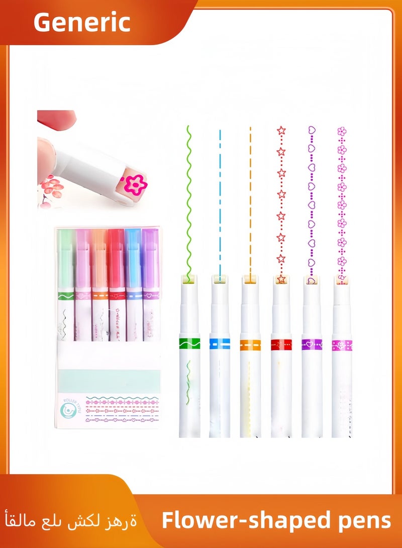 A Set of Six Pens Designed in The Shape of Flowers, Featuring Various Fine Lines And Curves, Perfect for Note-Taking And Highlighting with Colored Pencils. - Image 1
