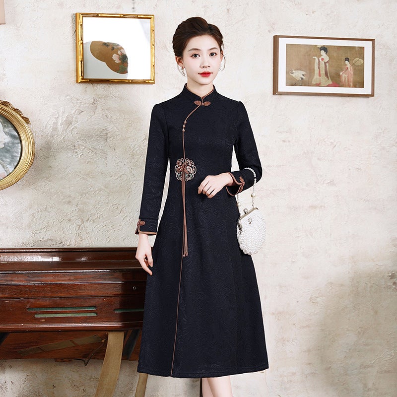 Mom winter fleece-lined thickened long skirt bottoming shirt middle-aged and elderly inner long warm improved cheongsam dress Black [thickening]]
