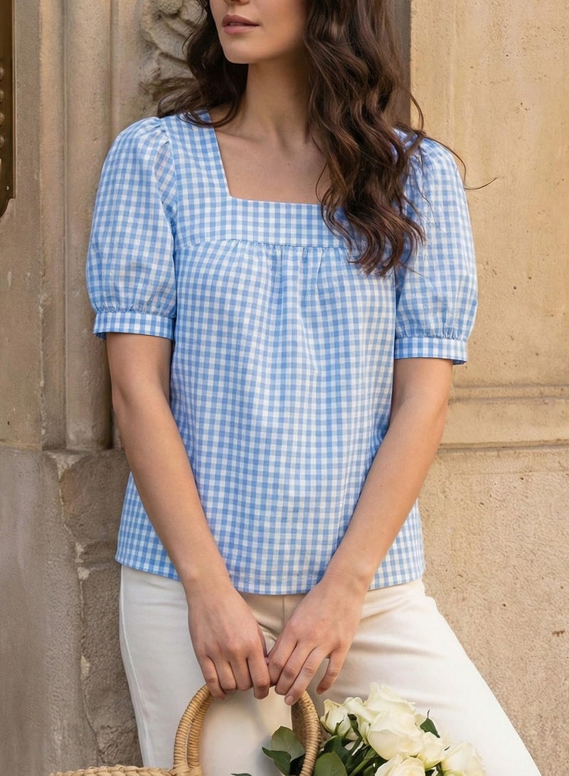 EVALESS Tops for Women Short Sleeve Tunic Blouse Dressy Casual Square Neck Gingham Tops Cotton Blend Plaid Shirt Cute Checkered Puff Sleeve Work Blouses 2026 Summer Vacation Outfits Blue Medium - Image 5