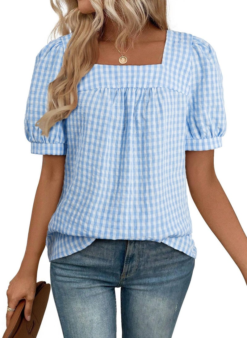 EVALESS Tops for Women Short Sleeve Tunic Blouse Dressy Casual Square Neck Gingham Tops Cotton Blend Plaid Shirt Cute Checkered Puff Sleeve Work Blouses 2026 Summer Vacation Outfits Blue Medium - Image 1