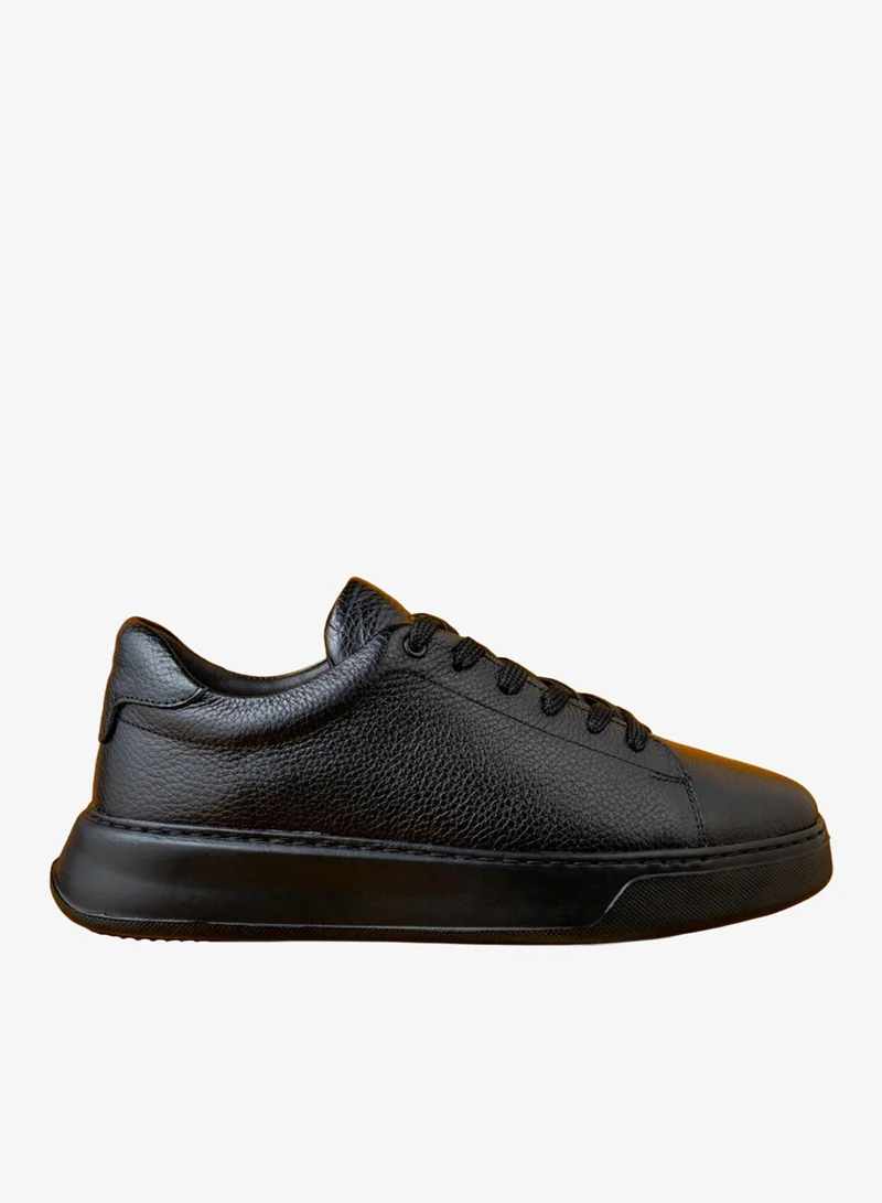 Black Casual Lace-Up Leather Sneakers