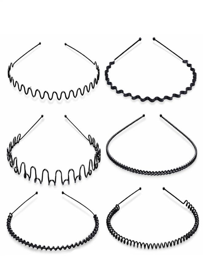 KLNEEDS Black Metal Thin Hair Band for Men - 6 Pcs Thin Wavy Non-Slip Adjustable Headbands for Women & Boys, Sports, Gym, Yoga, Running & Face Wash (G-New 6pcs) - Image 1