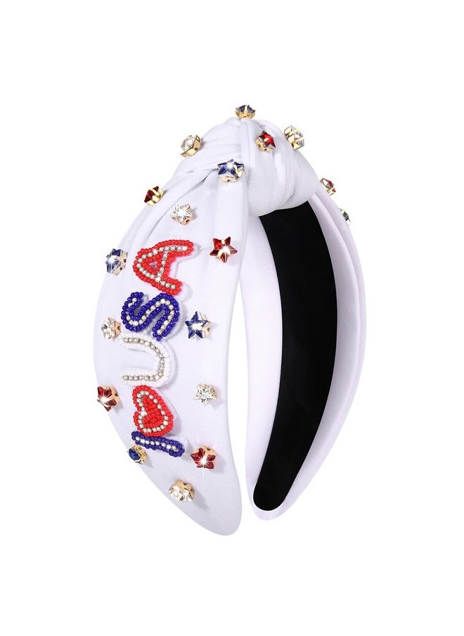 YAHPERN 4Th Of July Headbands For Women American Flag Headband Patriotic Red Blue White Star Knotted Headband Embellished Rhinestone Wide Top Knot Headband 4Th Of July Hair Accessories Outfits Gifts (White 4)  - Image 1