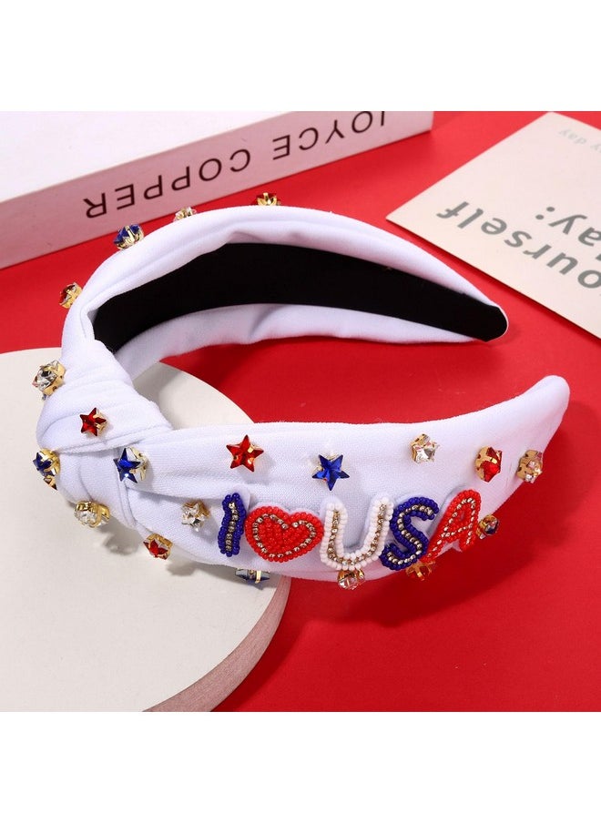 YAHPERN 4Th Of July Headbands For Women American Flag Headband Patriotic Red Blue White Star Knotted Headband Embellished Rhinestone Wide Top Knot Headband 4Th Of July Hair Accessories Outfits Gifts (White 4)  - Image 2