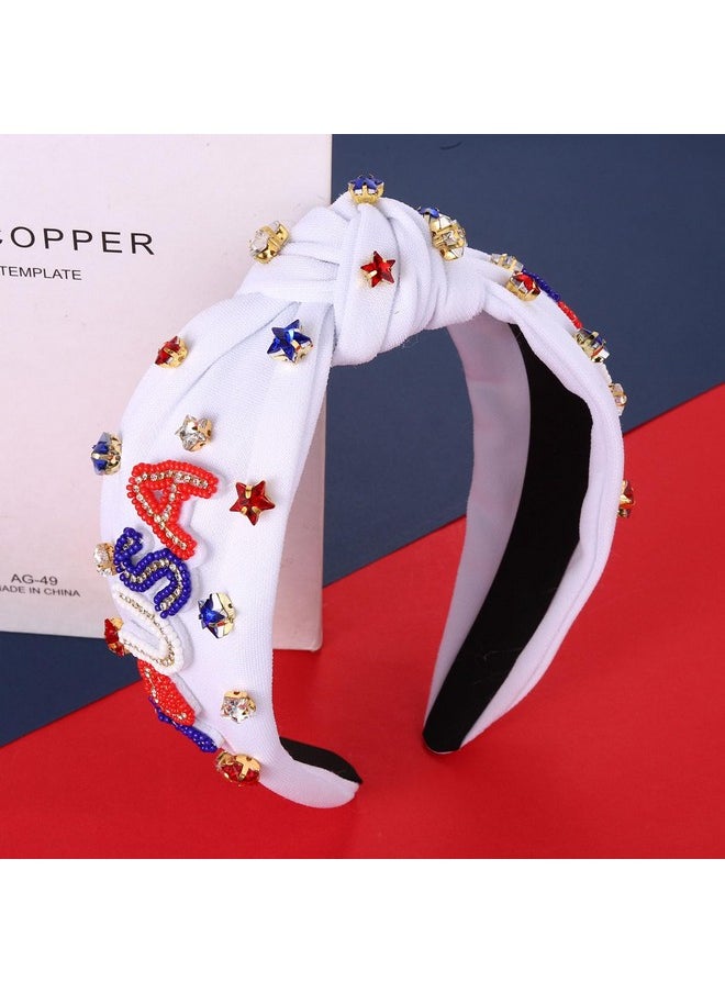YAHPERN 4Th Of July Headbands For Women American Flag Headband Patriotic Red Blue White Star Knotted Headband Embellished Rhinestone Wide Top Knot Headband 4Th Of July Hair Accessories Outfits Gifts (White 4)  - Image 3