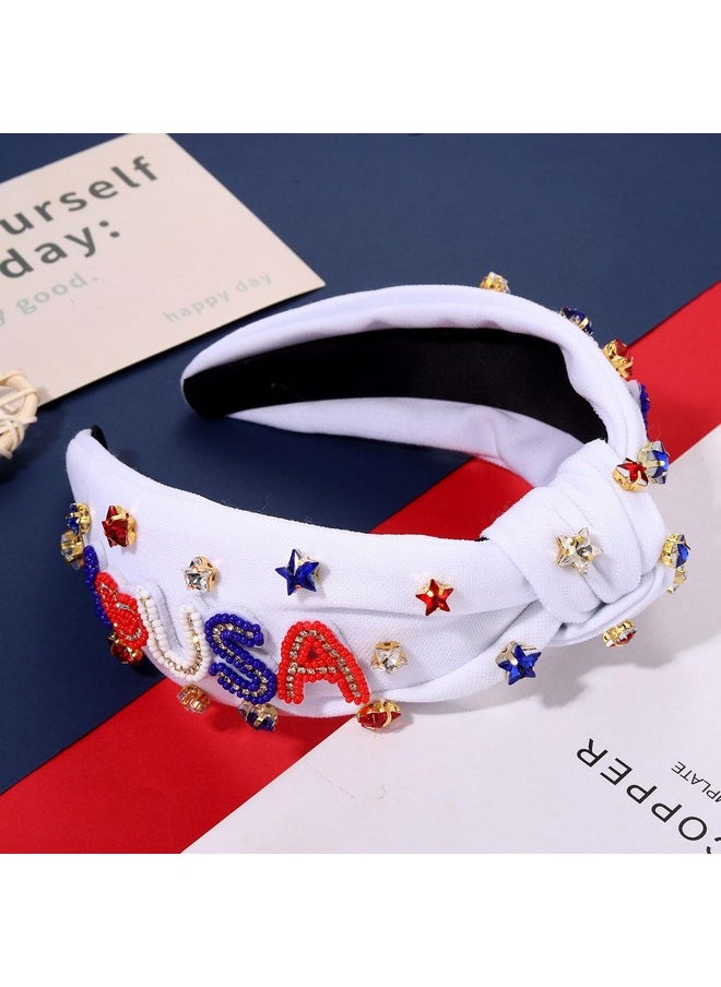 YAHPERN 4Th Of July Headbands For Women American Flag Headband Patriotic Red Blue White Star Knotted Headband Embellished Rhinestone Wide Top Knot Headband 4Th Of July Hair Accessories Outfits Gifts (White 4)  - Image 5