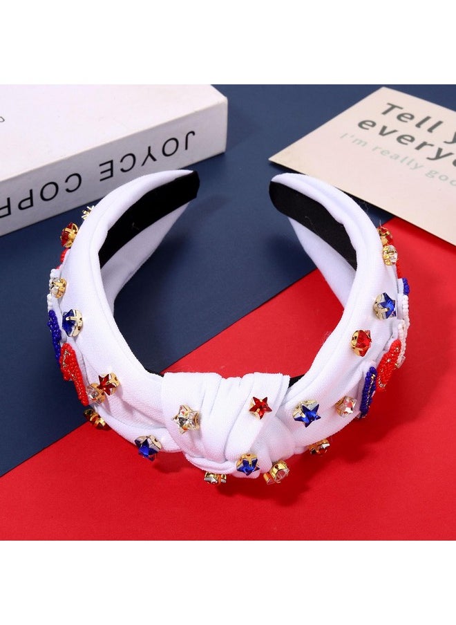 YAHPERN 4Th Of July Headbands For Women American Flag Headband Patriotic Red Blue White Star Knotted Headband Embellished Rhinestone Wide Top Knot Headband 4Th Of July Hair Accessories Outfits Gifts (White 4)  - Image 4