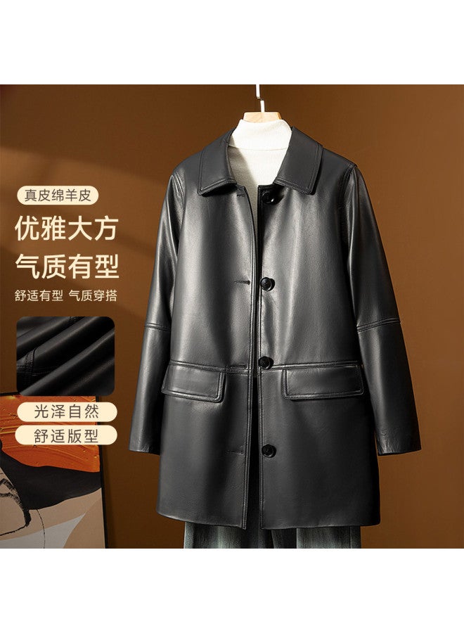 Fapai Spring And Autumn Fashion Women's Clothing Temperament Straight Shoulder Single Row Button Mid-length Leather Jacket Genuine Leather Coat - Image 2