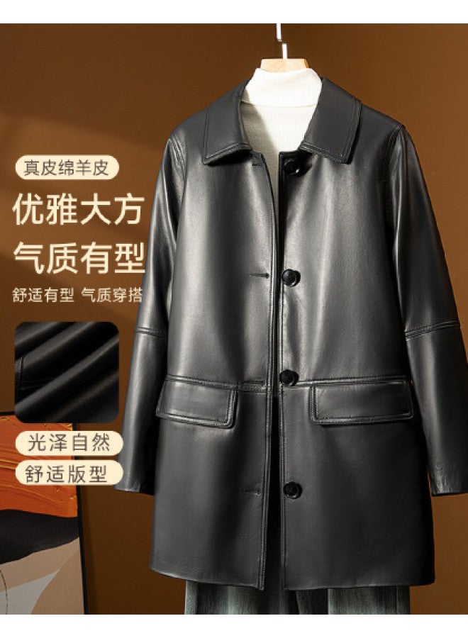 Fapai Spring And Autumn Fashion Women's Clothing Temperament Straight Shoulder Single Row Button Mid-length Leather Jacket Genuine Leather Coat - Image 1