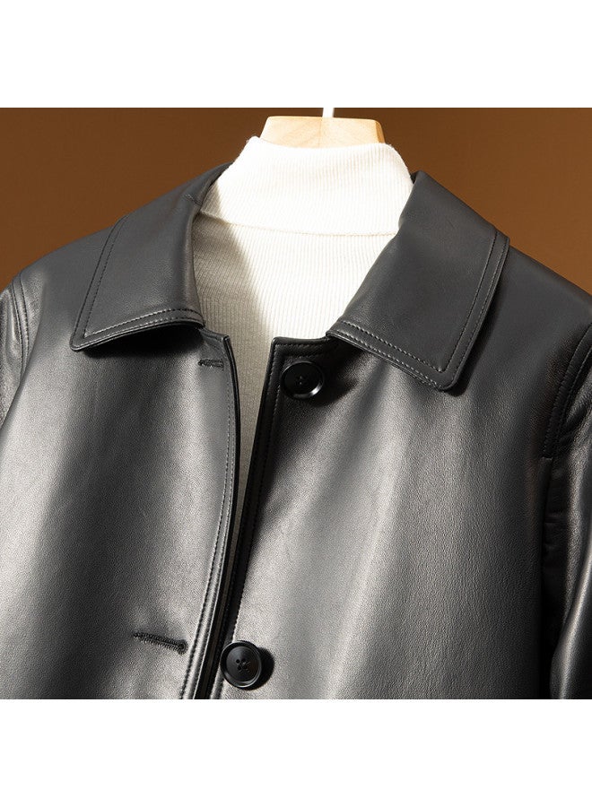 Fapai Spring And Autumn Fashion Women's Clothing Temperament Straight Shoulder Single Row Button Mid-length Leather Jacket Genuine Leather Coat - Image 4