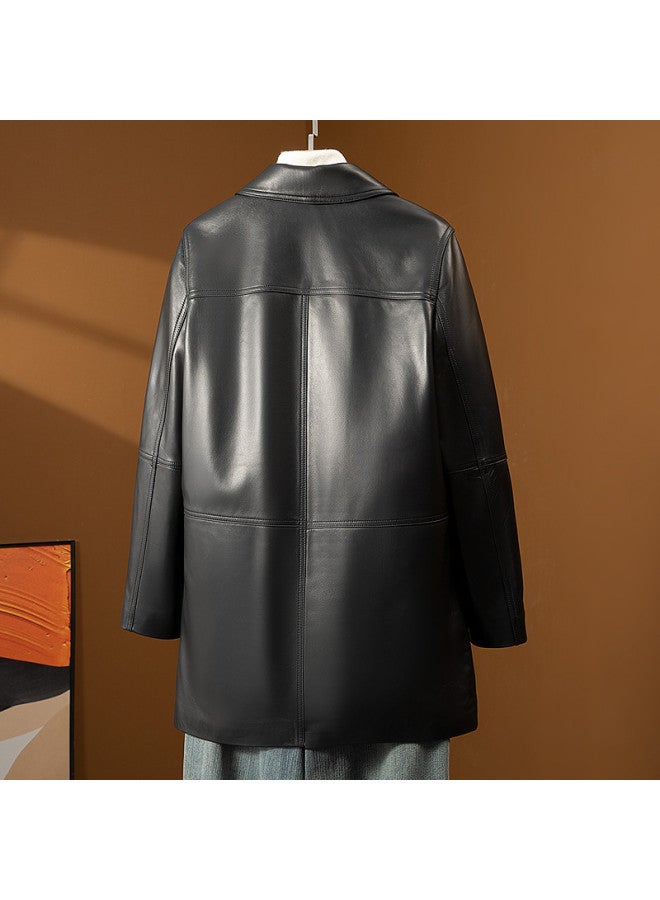 Fapai Spring And Autumn Fashion Women's Clothing Temperament Straight Shoulder Single Row Button Mid-length Leather Jacket Genuine Leather Coat - Image 3