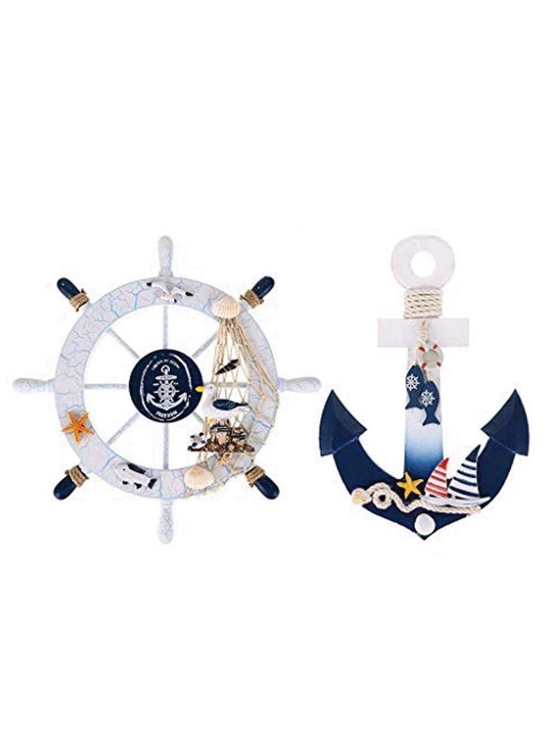 Captaintech Nautical Beach Ship Wheel and Anchor with Rope Nautical Boat Steering Wheel Rudder Anchor Wall Decor Door Hanging Ornaments Beach Theme Home Wall Decoration Pack of 2/11in - Image 1