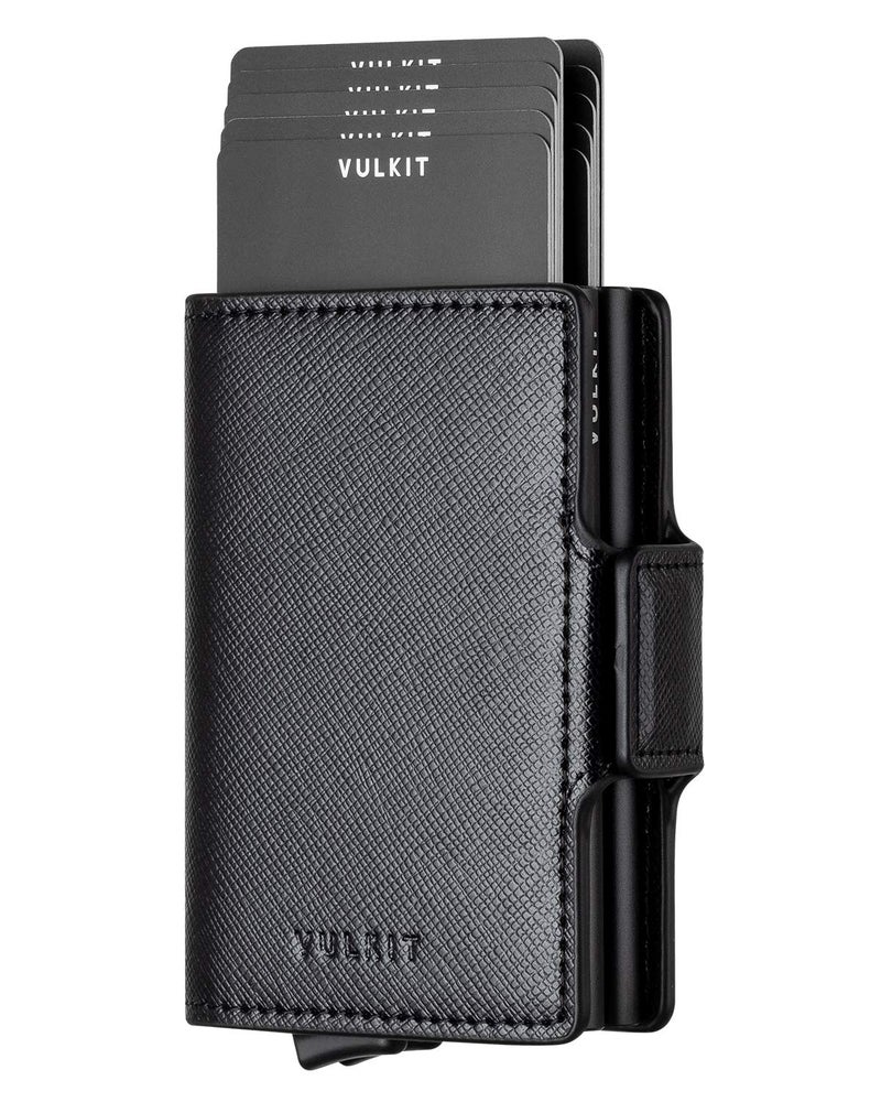 VULKIT VULKIT Credit Card Holder RFID Blocking Leather Automatic Pop Up Wallet Magnetic Wallet Double Card Case for Men and Women Cross Black  - Image 1