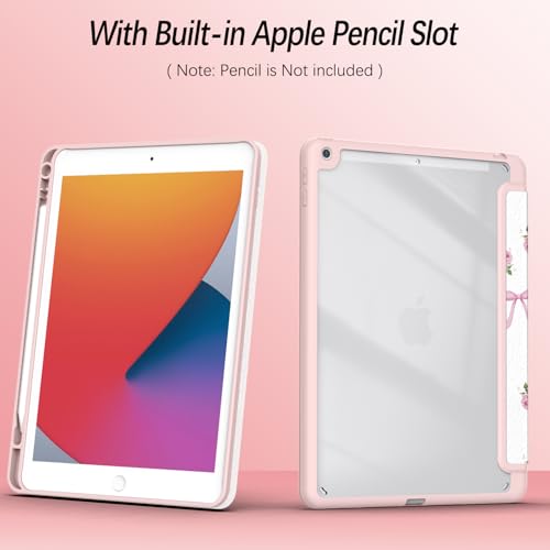 Xkladz Case for iPad 9th / 8th / 7th Generation (2021/2020/2019) 10.2 inch, Case with Pencil Holder, Stand Clear Back Cover Cute Cool Design for Women Girls, Auto Sleep/Wake, Bow Rose - Image 4