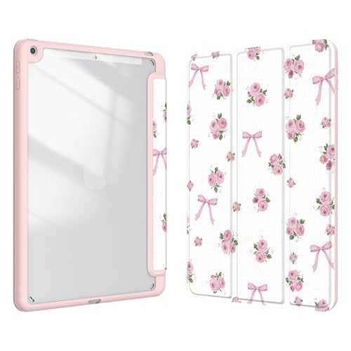 Xkladz Case for iPad 9th / 8th / 7th Generation (2021/2020/2019) 10.2 inch, Case with Pencil Holder, Stand Clear Back Cover Cute Cool Design for Women Girls, Auto Sleep/Wake, Bow Rose - Image 1