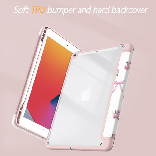 Xkladz Case for iPad 9th / 8th / 7th Generation (2021/2020/2019) 10.2 inch, Case with Pencil Holder, Stand Clear Back Cover Cute Cool Design for Women Girls, Auto Sleep/Wake, Bow Rose - Image 5