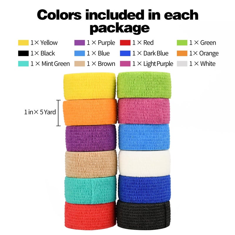 Ruby Q 12pcs Self Adhesive Bandage Wraps, 1in 5 Yards, Multicolor - Image 5
