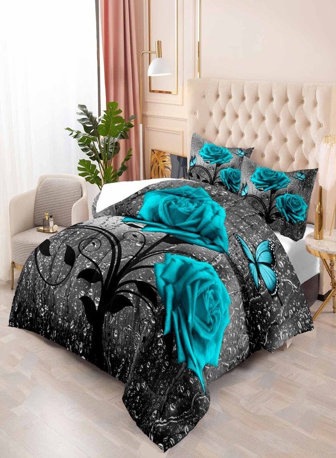 LUVIVIHOME 3PCS Teal Rose Comforter Set Queen, Grey Raindrops Butterfly Turquoise Floral Bedding, Flower Bedroom Decor for Women Wife Girlfriend, Valentine's Day Romantic Gifts for Her, 2 Pillow Shams - Image 3