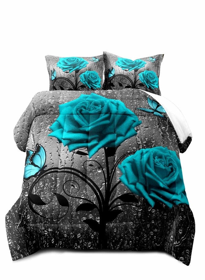 LUVIVIHOME 3PCS Teal Rose Comforter Set Queen, Grey Raindrops Butterfly Turquoise Floral Bedding, Flower Bedroom Decor for Women Wife Girlfriend, Valentine's Day Romantic Gifts for Her, 2 Pillow Shams - Image 2