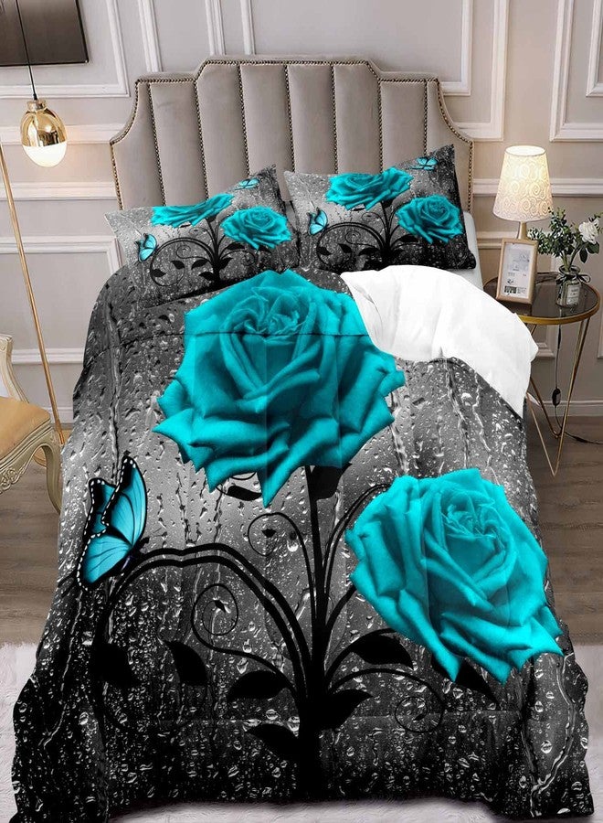 LUVIVIHOME 3PCS Teal Rose Comforter Set Queen, Grey Raindrops Butterfly Turquoise Floral Bedding, Flower Bedroom Decor for Women Wife Girlfriend, Valentine's Day Romantic Gifts for Her, 2 Pillow Shams - Image 1