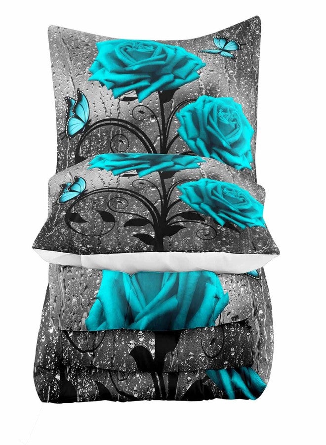 LUVIVIHOME 3PCS Teal Rose Comforter Set Queen, Grey Raindrops Butterfly Turquoise Floral Bedding, Flower Bedroom Decor for Women Wife Girlfriend, Valentine's Day Romantic Gifts for Her, 2 Pillow Shams - Image 4