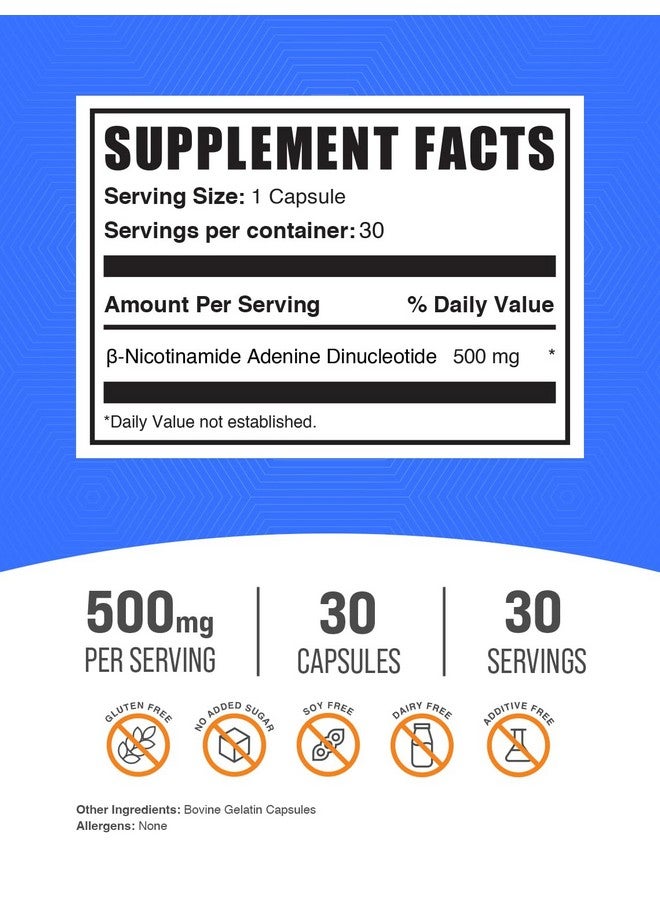 BulkSupplements.com NAD Capsules - Nicotinamide Adenine Dinucleotide, NAD Supplement 500mg - for Energy Support, Pure & Gluten Free, 1 Capsule per Serving, 30 Capsules (Pack of 1) - Image 2