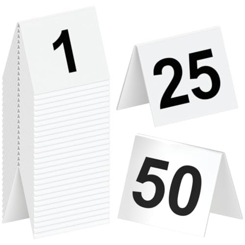 TAPIX Restaurant Table Numbers 1-50 White, Tent Table Numbers (3 in x 3.5 in) - Image 1