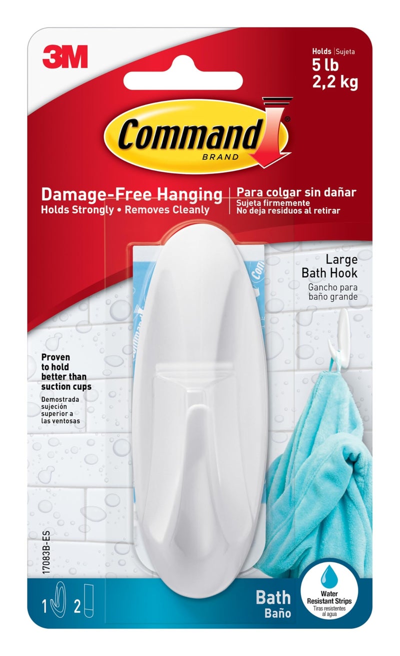 كوماند Command Bath Large Hooks, 1 Hook and 2 Water-Resistant Adhesive Strips - Image 1